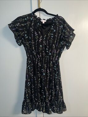 LC Lauren Conrad Black Mini Dress with Blue and Lavender Floral Print